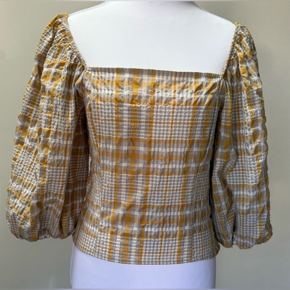MAEVE ANTHROPOLOGIE PLAID SQUARE-NECK PUFF SLEEVE SMOCKED BLOUSE TOP SIZE: M - Picture 3 of 11